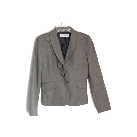 Tahari Arthur S Levine Blazer Gray Single Breasted Shawl Collar Ruffle Size 2P - Picture 3 of 6